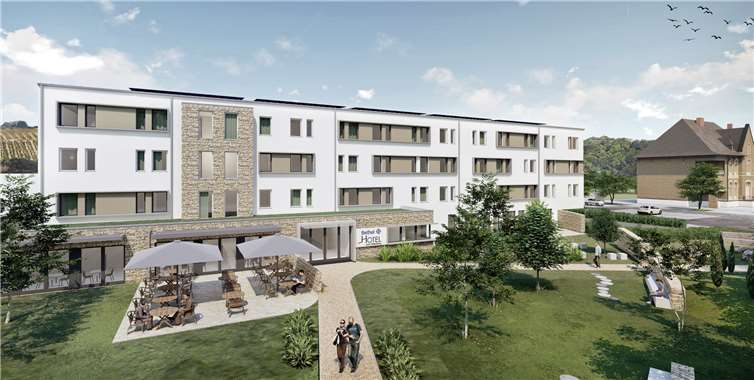 So wie auf dieser Vorplanung soll das geplante Inklusionshotel auf dem derzeitigen Gelände des Max-Meier-Parks in Bad Neuenahr künftig einmal aussehen. Fotos: -Jost-