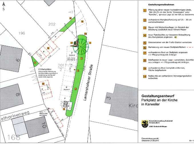 So wie auf dieser Zeichnung dargestellt soll der Parkplatz an der Kirche in Karweiler künftig aussehen. Allerdings wünscht sich der Ortsbeirat noch zwei weitere Bäume in der Grünfläche links von der Lantershofener Straße. JOST