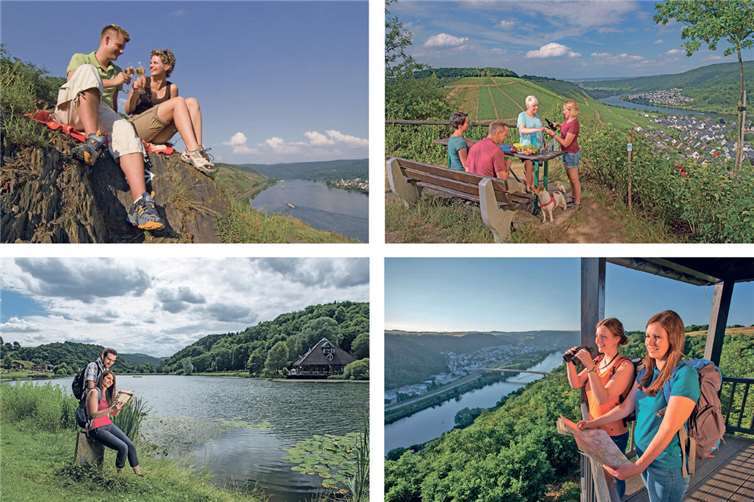 So wie die Traumpfade „Rheingoldbogen“ (links oben) und „Waldseepfad Rieden“ (links unten) sowie die Traumpfädchen „Moseltraum“ (rechts oben) und „Niederfeller Schweiz“ (rechts unten) bieten alle Premiumwanderwege im Rhein-Mosel-Eifel-Land naturnahe Pfade mit Ausblicken und Ruhe entlang der Strecke. Fotos: REMET/Kappest