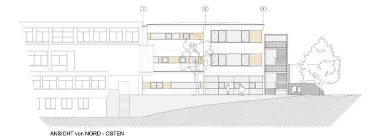 So wird der geplante Anbau das Bestandsgebäude der Heinrich-Roth-Realschule plus ergänzen. Die Skizze zeigt die Ansicht von der Einmündung der Humboldtstraße / Einfahrt Busrondell. Grafik: Architekten Hartenstein