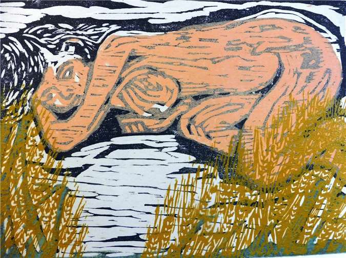 "Sonnenbad im Kornfeld" ist ein zwei Farb-Holzschnitt, welcher in gerahmter Ausführung (Holzrahmen 30 mal 40 cm) Teil der Ausstellung ist. Foto: privat