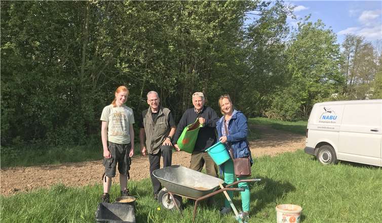 Sorgen für eine blühende Wiese: (v.l.) Fachleute unter sich - Lars Rudolf, Winfried Ley,Peter Meyer vom NABU Bonn und Susanne Reven von der Stadt Meckenheim. Foto: NABU Bonn