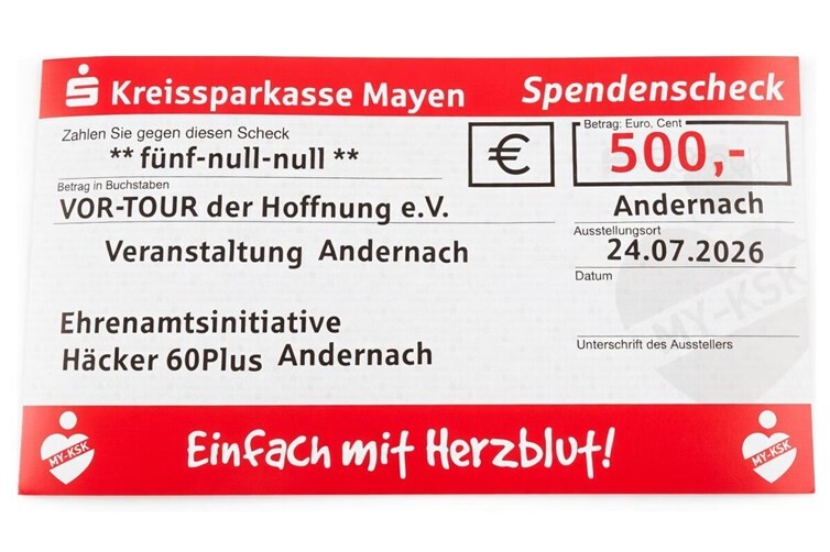 Spende zugunsten der „Vor-Tour der Hoffnung“ Veranstaltung am Marktplatz Andernach/24.07.2026