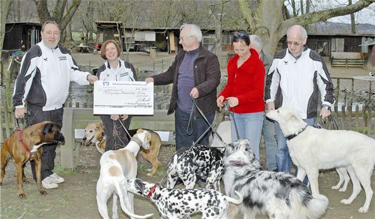 Spendenübergabe am Schwanenteich: Gruppenbild mit vielen Vierbeinern.BL