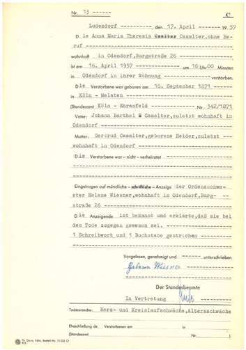 Sterbeeintrag von Anna Casalter, Standesamt Ludendorf 13/1957. Quelle:  Archiv der Gemeinde Swisttal