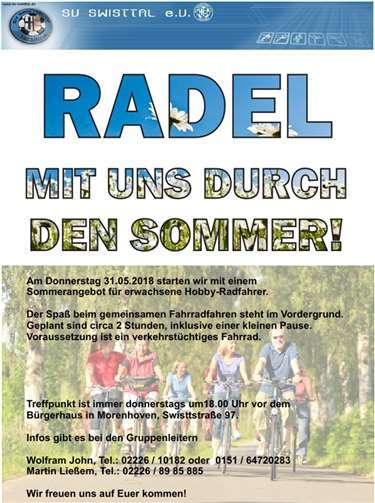 Swisttal. Am 31. Mai starten wieder die gemeinsamen Fahrradtouren des SSV Swisttal. SSV Swisttal