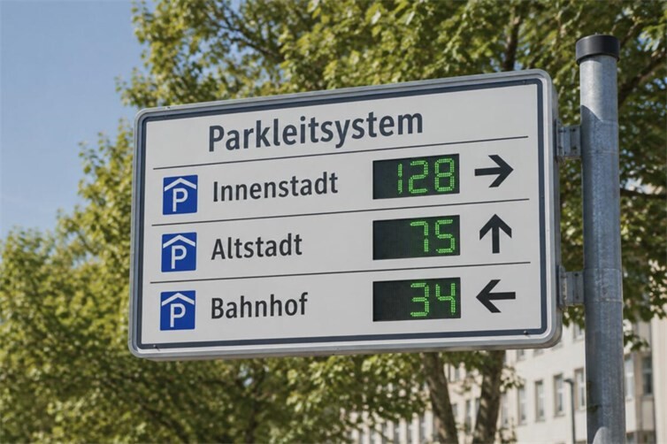 Symbolbild: Digitales Parkleitsystem mit Anzeige verfügbarer Stellplätze.