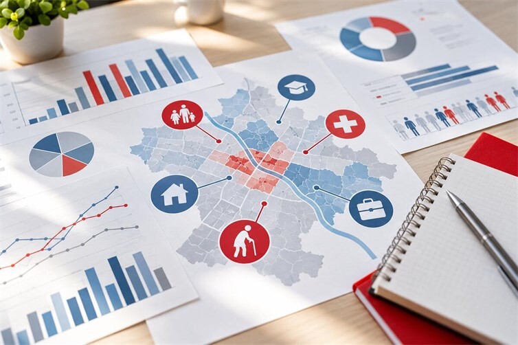 Symbolbild zur strategischen Sozial- und Gesundheitsplanung: Die Auswertung sozialer und gesundheitlicher Daten soll helfen, Handlungsbedarfe frühzeitig zu erkennen. Illustration: KI-generiert