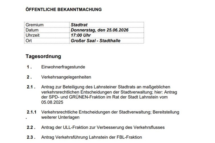 Tagesordnung der Ratssitzung vom 25.06.2026