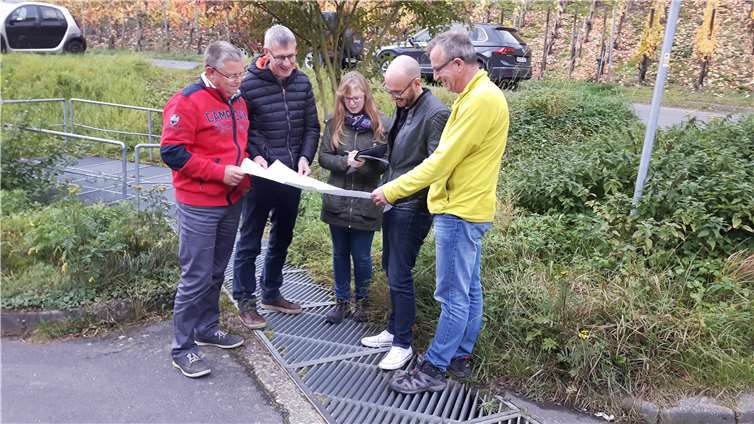 Teilnehmer der Arbeitsgruppe mit Frank Heuser und Dr.-Ing. Thomas Siekmann vor dem Regenrückhaltebecken in der Irrbach.Privat