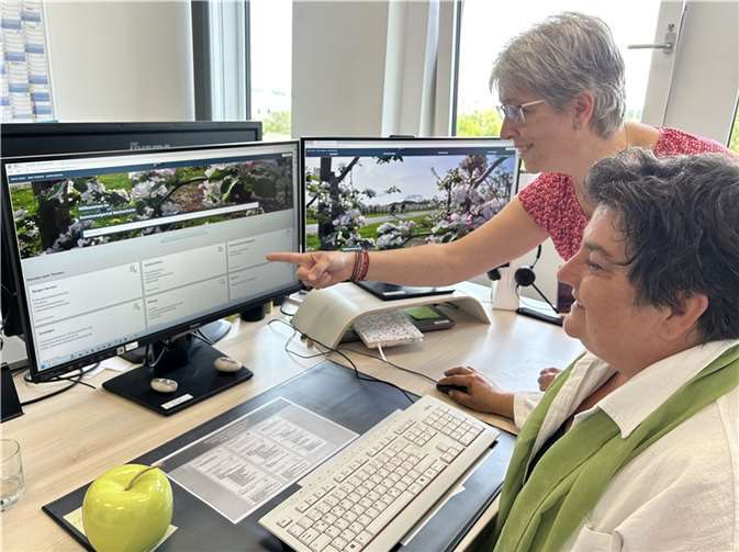 Testen die Seite des städtischen Kommunalportals: Manuela Köhler (vorne) als E-Government-Koordinatorin und Sabine Gummersbach (hinten) vom Fachbereich Hauptverwaltung, Organisation und IT. Foto: Stadt Meckenheim