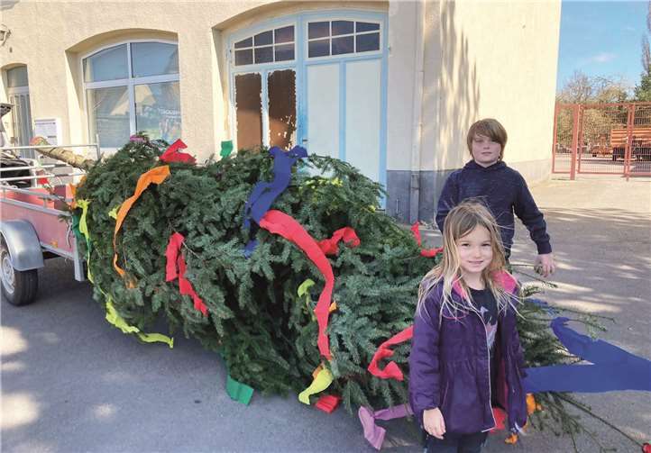 Tom und Tilda Herrmann schmückten die neue Spitze des großen Maibaumes. Fotos: FRE