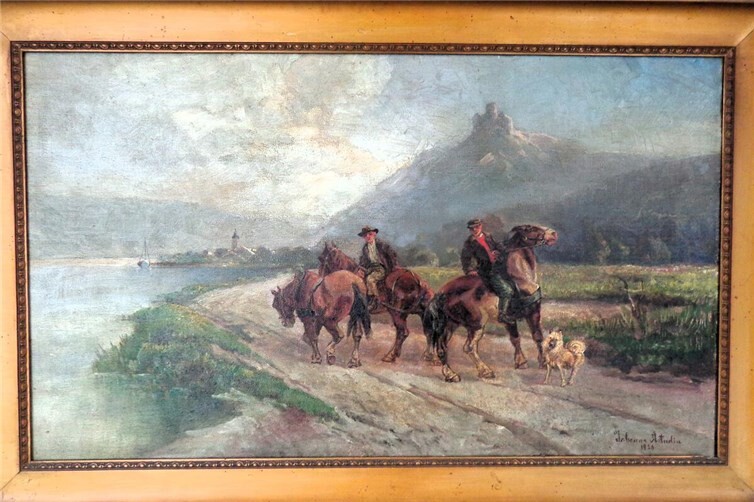 Treidelpferde vor Braubach, Ölgemälde der Johanna Astudin, vermutlich hat der Hintergrund ihr Mann gemalt.