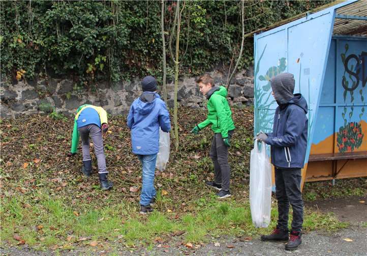 Trotz der Herbstkälte säubern Nonnenwerther Schülerinnen und Schüler die Umwelt von Müll, hier an der B9 in Rolandseck.
