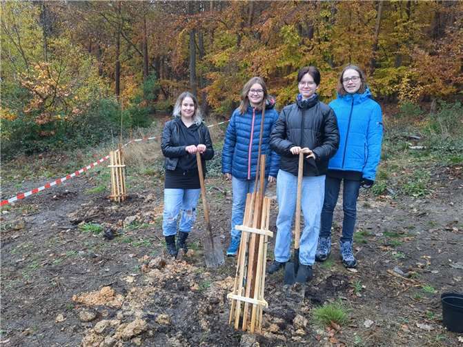 Trotz widriger Wetterbedingungen pflanzten die Schülerinnen und Schüler eine kleine Eiche.  Foto: Phyllis Kohnen