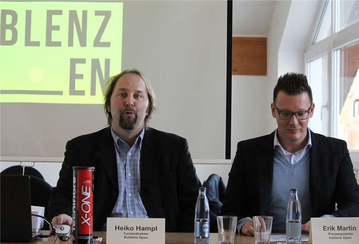 Turnierdirektor Heiko Hampl (li.) und Pressesprecher Erik Martin informierten im Vorfeld der Koblenz Open über den Stand der Organisation eine Woche vor dem Start des ATP-Turniers. Fotos: TH