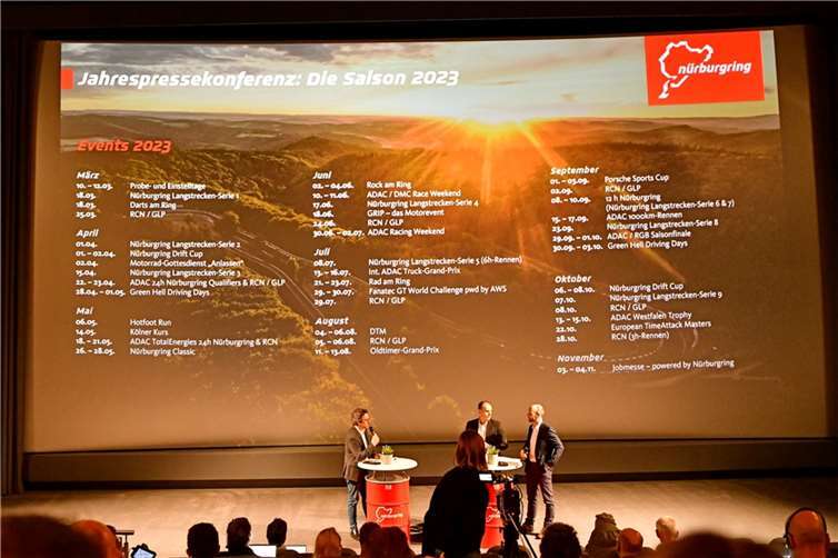 Über 40 Veranstaltungen konnten die beiden Geschäftsführer der Nürburgring Betreibergesellschaft Christian Stephani (mi.) und Ingo Böder (re.) bei der Jahrespressekonferenz präsentieren.  Fotos: BURG