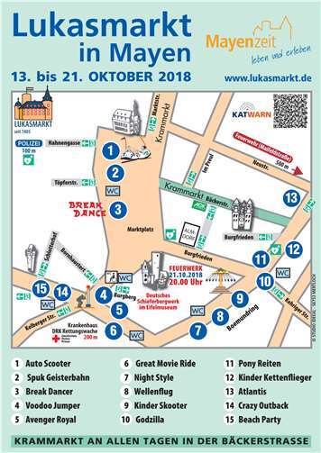 Über das gesamte Gelände verteilt warten zahlreiche Attraktionen auf die Lukasmarktbesucher. Grafik: Stadt Mayen