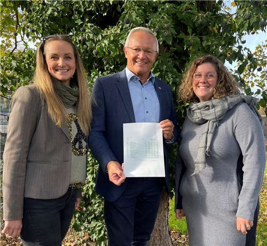 Über den eingegangenen Förderbescheid für den neuen Klimawandelanpassungsmanager freuen sich Landrat Achim Hallerbach, Kreis-Klimaschutzmanagerin Janine Sieben (links) und Gabi Schäfer von der Stabsstelle Umwelt Energie und Klima. Foto: Kreisverwaltung