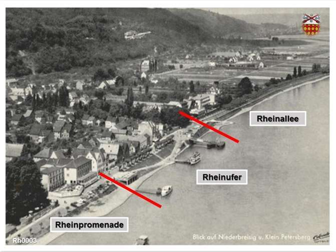 Überblick Rheinfront: Rheinpromenade (v. l.), Rheinufer und Rheinallee. Foto: Sammlung Franz Gert Hammes
