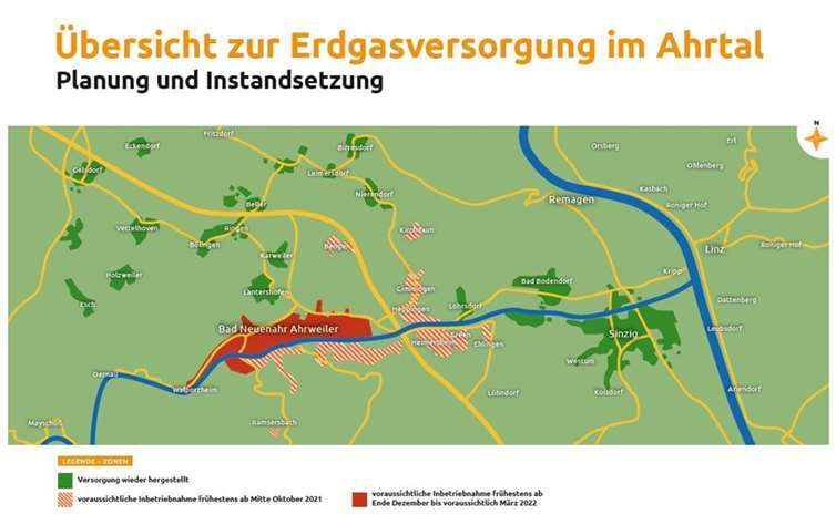Übersicht zu Planung und Instandsetzung der Erdgasversorgung im Ahrtal. Quelle: evm