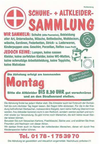Um Mitteilung wird gebeten, wenn mit diesem Flyer zu Altkleidersammlungen aufgerufen wird.privat