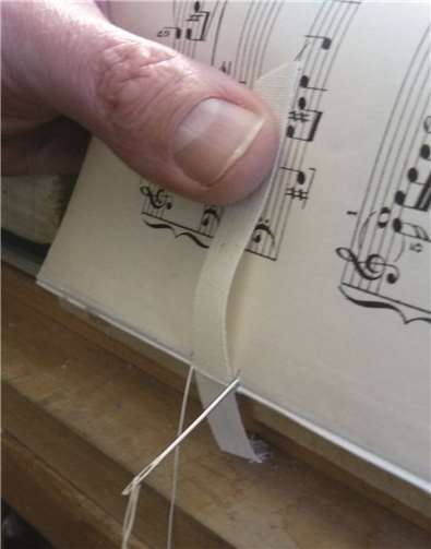 Um den Rücken des Buchblocks zusammenzuhalten, werden sogenannte Heftbänder durch die Schlaufen geführt.