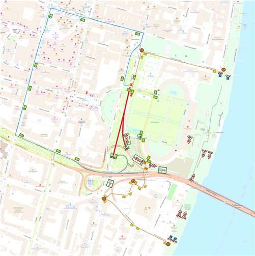 Neubau der Pfaffendorfer Brücke: Abfahrt in Richtung Neustadt wird gesperrt Umleitungsplan für die Sperrung der Brückenabfahrt in Richtung Neustadt. Orangene/gelbe Linie = Fuß- und Radverkehr, blaue Linie = Kraftverkehr. Quelle: AVS Overath GmbH