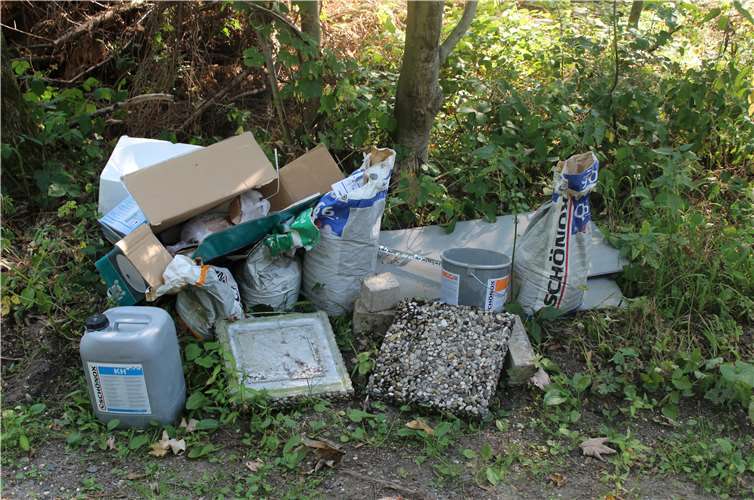Unbekannte Täter haben im Früchter Wald Kartons und Bauschutt illegal abgeladen. Fotos: Polizei