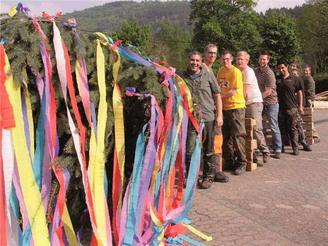 Unter Mithilfe der Altjunggesellen und der Dorfgemeinschaft stellten die Junggesellen in Altenahr den bunt geschmückten Maibaum auf. privat