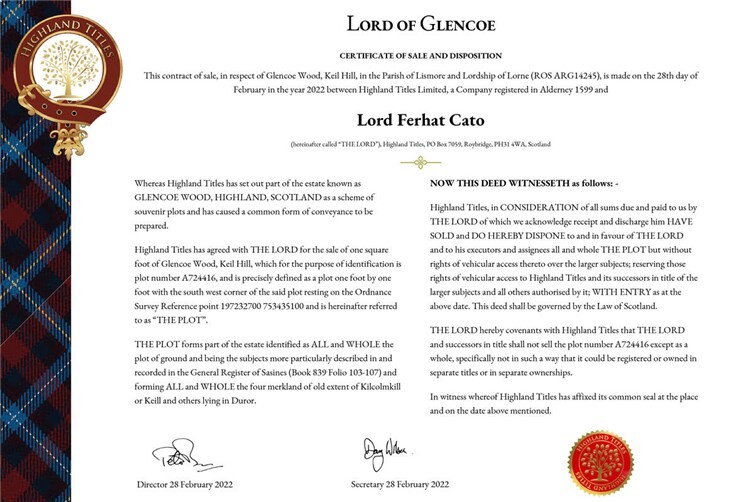 Urkunde Lord of Glencoe