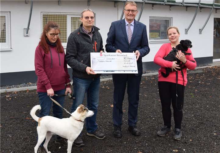 V. li.: Petra Jäschke (Tierheimleiterin), Jürgen Brüggemann (1. Vorsitzender), Landrat Rainer Kaul, Verena Schiller (Mitarbeiterin Tierheim) und zwei ihrer Schützlinge bei der Spendenübergabe. privat