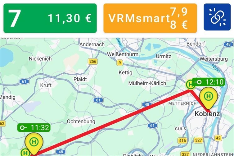 VRMsmart kann sich deutlich auf den Fahrpreis auswirken: Für die Verbindung von Polch nach Koblenz zeigt die App 7,98 Euro statt 11,30 Euro im regulären Tarif – bei einer Fahrzeit von 38 Minuten und nur zwei Zwischenhalten.