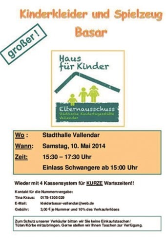Vallendar. Der Countdown läuft, nur noch wenige Tage bis zum großen Kinderkleider und Spielzeugbasar in der Stadthalle Vallendar! Unsere Verkaufsnummern sind alle vergeben! Es wartet ein tolles Angebot an Kinderbekleidung, Spielsachen und allem rund ums Kinder auf Sie! Und natürlich gibt es wieder eine große Auswahl an Kuchen! Für kurze Wartezeiten halten wir vier Kassen bereit! Schwangere mit Mutterpass und maximal einer Begleitung dürfen bereits um 15 Uhr stöbern! Lassen Sie ihre Taschen bitte zuhause, sie werden - wie immer von uns mit Taschen versorgt! Das Basarteam vom Haus für Kinder. Wir freuen uns auf ihren Besuch!