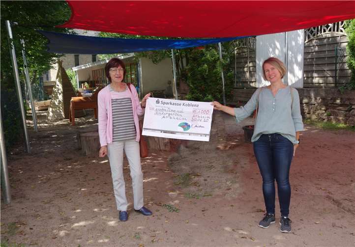 Vereinsvorsitzende Christiane Anschau (links) bei der symbolischen Scheckübergabe an Frau Bastkowski, Vorsitzende des Kindergarten-Fördervereins, unter dem neuen Sonnensegel.Foto: privat