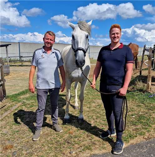 Verkaufshengst Nevado zwischen seinen Ausbildern Marvin Engels (r.) und Markus Noll.  Fotos: AWi