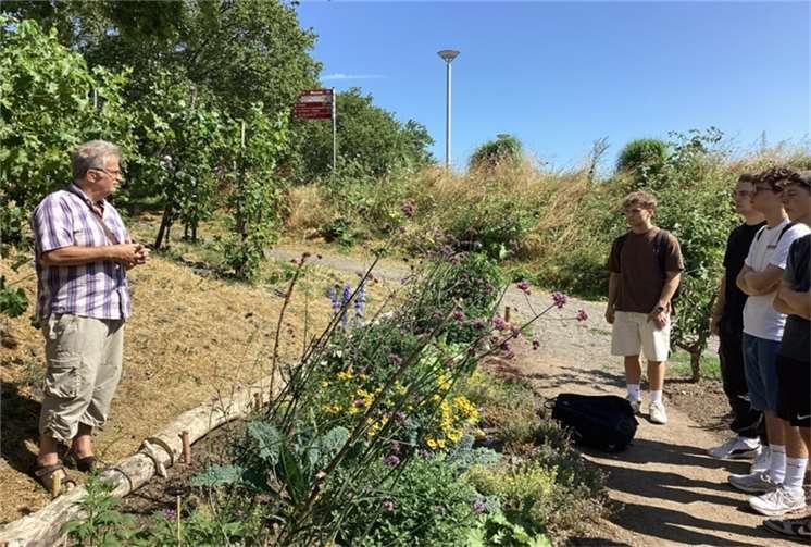 Vertreter der Gruppe Bee Happy Gartenerkundeten mit den Schülerinnen und Schülern die Staudenbeete.