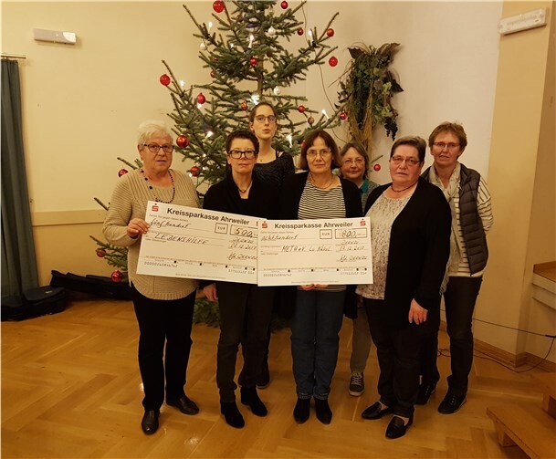 Vertreterinnen der Katholischen Frauengemeinschaft Dernau überreichen die Spenden an Rosemarie Pante und Verena Rönneper, Lebenshilfe Ahrweiler (zweite und dritte v.li.) und Dr. med. Luitgard („Lu“) Näkel (erste Reihe: zweite v.re.) privat