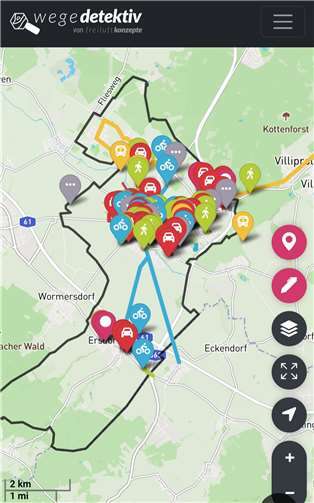 Viele Bürgerinnen und Bürger haben beim Onlinetool „Wegedetektiv“ schon Hinweise und Anmerkungen gepostet, wie an den zahlreichen Punkten auf dem Landkarten-basierten System deutlich wird. Quelle: „Wegedetektiv“