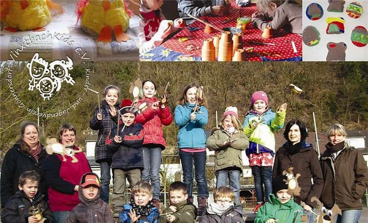 VinxtbachKids e.V. vertreten durch (v. l.) Claudia Odenthal, Alexandra Heer, Susanne Maas und Juliane Merkler mit den Kindern beim diesjährigen Osterbasteln. privat