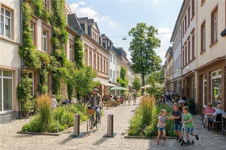 Visionäre Darstellung der möglichen zukünftigen Gestaltung der Bachovenstraße  (KI-generierte Darstellung)