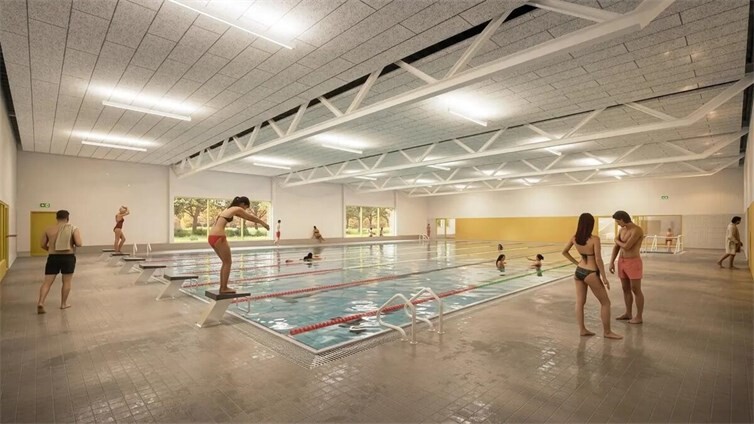 Visualisierung der Schwimmhalle des Interimsschwimmbades mit einem 25-Meter-Becken und sechs Schwimmbahnen.