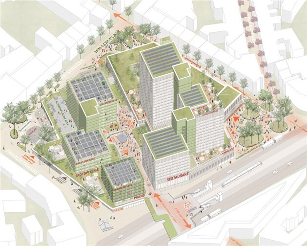 Visualisierung mit Blick aus der Vogelperspektive auf das künftige Stadthaus-Areal mit seinen verschiedenen Türmen.