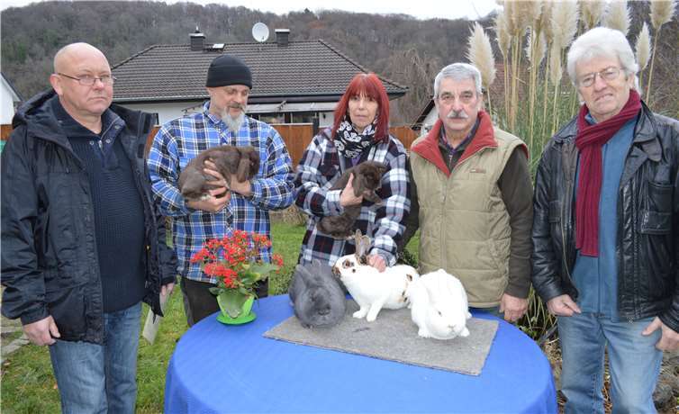 V.l. Detlef Lange, Hans-Jürgen Michel, Stefanie Malz, Hans Günter Michel und Hans Zimmer mit ihren Siegerkaninchen.-AB-