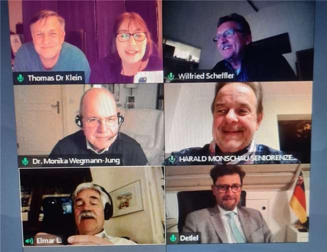 V.l.: Frank und Ingrid Meumerzheim, Willfried Scheffler, Werner Jung, Harald Monschauer, Elmar Lersch, Detlef Odenkirchen und nicht im Bild Josef Niethen in der virtuellen Video-Vorstandsitzung der MIT Kreis Ahrweiler.Foto:privat