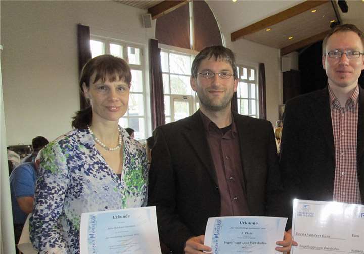 (V.l.) Steffi Philippi (Pressereferentin Aero-Club Idar-Oberstein), Uwe Bodenheim, Christian Grau (2. + 1. Vorsitzender SFG Wershofen) und Alice Toups (Geschäftsführerin LVM Mönchsheide).Uwe Bodenheim