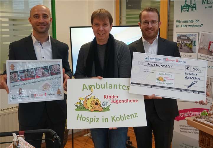 V.li. Björn Besse (GF Fa. MEDI-CENTER), Dirk Griesel (Kinder- und Jugendhospiz Koblenz), Jochen Meyer-Dönselmann (GF Fa. Krieger).Foto: privat