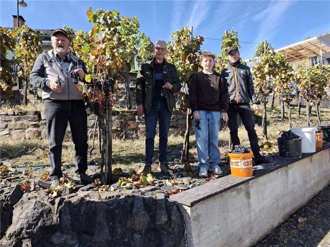 V.li. Hans Schneider, Raymund Bley, Tim Oligschläger und Ortsbürgermeister Sebastian Schmitt. Foto: OG Niederdürenbach