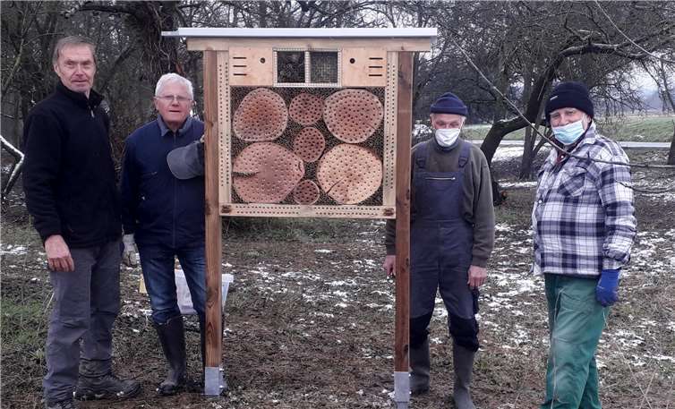 V.li. Heinz Bengel (Bachpate Anderbach), Manfred Mohrs, Heinz Ries (der Erbauer des Insektenhotels) und Robert Doff-Sotta bei der Aufstellung des ersten Insektenhotels an der Anderbachstraße.Foto: privat