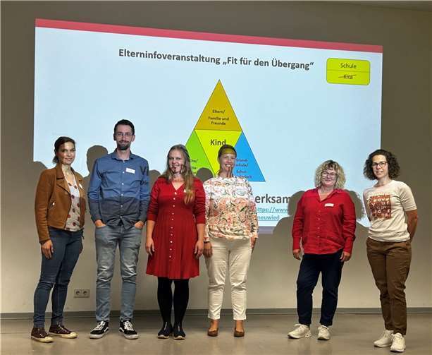 Von links: Schulsozialarbeiterin Eva Wahl, Kita-Leiter Chris Schaell, Kita-Sozialarbeiterin Viktoria Nachtigall, Grundschulleiterin Ina Mang, Schulamtsleiterin Sandra Thannhäuser und Sabrina Bläser aus dem städtischen Jugendamt  Foto: Vanessa Meier